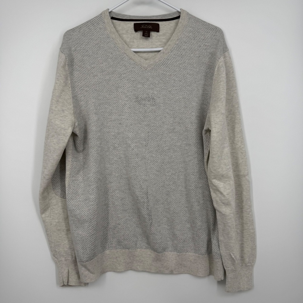 Tasso Elba Mens V Neck Sweater Light Gray Diagonal Stripe 100% Cotton Size M